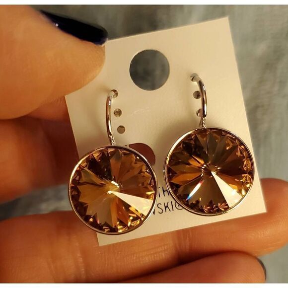 NEW!‎ Brown Swarovski Element Earrings 15mm Leverback Sparkling Glam Bling Gift - Picture 3 of 5